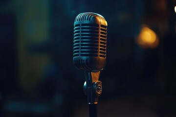 Aufkleber - A close-up view of a microphone on a stand, ready for use