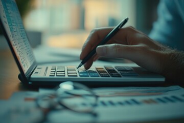 Aufkleber - A person sitting at a desk using a laptop and pen and calculator, possibly doing some task or work