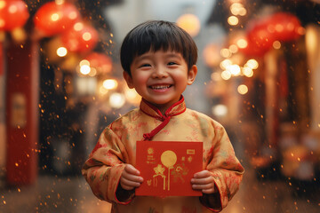 Chinese young boy traditional dressing up with a FU means lucky red envelope. Christmas mood. Chinese New Year