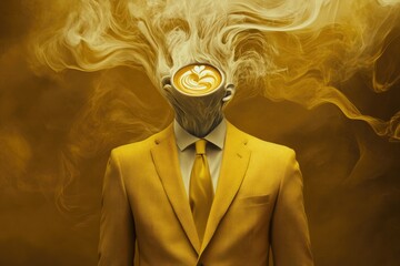 Wall Mural - A man holding a cup of coffee above his head, a unusual and quirky image