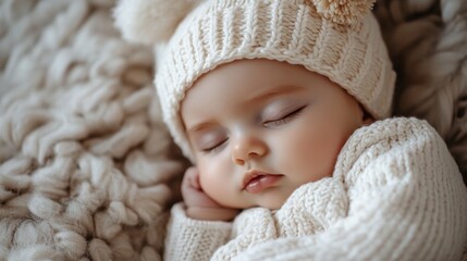 A close-up of a peaceful newborn baby sleeping in a cozy white knitted outfit and hat with pom-poms, nestled on a soft, fluffy blanket 