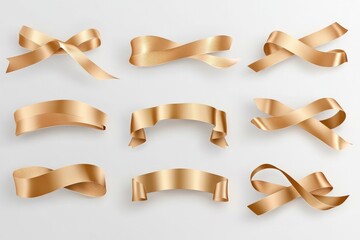Poster - Close-up shot of golden ribbons on a white background, perfect for gift wrapping or decoration