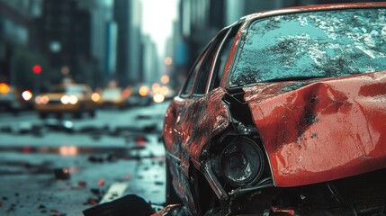 Sticker - A parked red car on a city street with people passing by