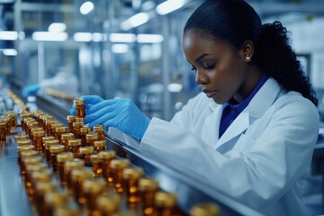Poster - Scientist working on machinery, blue gloves, lab coat, research equipment