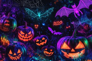 Poster - A group of Halloween pumpkins decorated with bats and spider webs, perfect for fall or Halloween-themed projects