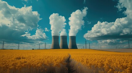 Sticker - A serene field with yellow grass and two cooling towers in the background