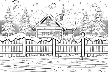 Wall Mural - Coloring book illustration of a snow covered fence in front of a wooden house surrounded by winter scenery