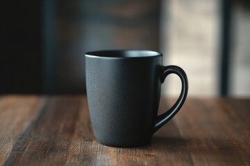 Poster - A black coffee cup sits on top of a wooden table, perfect for morning coffee or office use