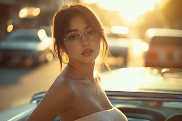 Poster - A woman wearing glasses stands next to a car, providing a clear view