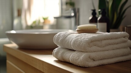 Poster - A stack of white towels sitting on a wooden counter, perfect for bathroom or spa scenes
