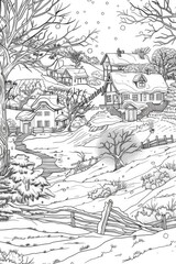 Wall Mural - Coloring book illustration of a serene winter landscape in a quaint village