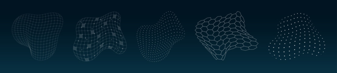  - HUD futuristic 3D elements surface grid set. Digital UI flexible wire mesh structure. GUI hi tech polygonal abstract shapes design concept. FUI Sci Fi linear and dotted models on dark blue background