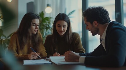 Poster - Three individuals working together at a table with papers and pens