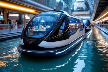 Poster - A futuristic version of a floating market in Thailand, with advanced boats powered by AI, serving food and products to tourists in a high-tech canal system