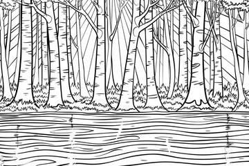 Wall Mural - Coloring book illustration of a serene forest with reflections in water and light rays creating a mystical atmosphere Enchanting woodland scene with a tranquil lake