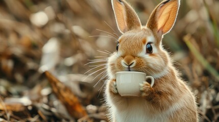 Poster - A cute rabbit holding a cup of coffee in its paws, perfect for advertising or illustrating a morning routine