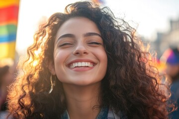 Poster - A happy woman with curly hair smiles directly into the camera lens