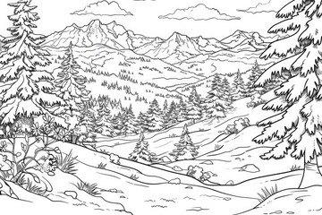 Wall Mural - Coloring book illustration of a scenic ski landscape with panoramic views