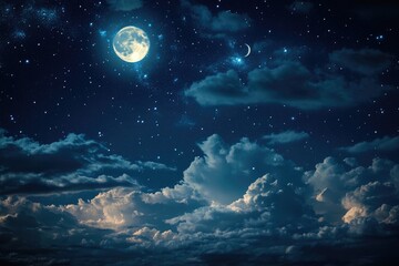 Aufkleber - A dark blue night sky with fluffy white clouds and a bright full moon, perfect for a calm evening or a romantic getaway