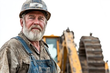 Poster - Man in protective gear standing by heavy machinery, ideal for construction or industrial scenes
