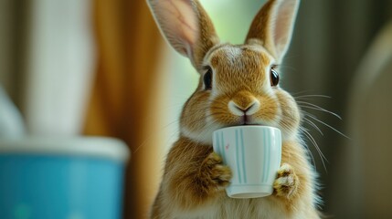 Wall Mural - A domestic rabbit holding a cup in its paws, suitable for illustrations or graphics