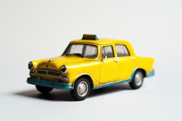 Poster - A small yellow toy car sitting on a clean white surface, perfect for use in illustrations or designs where a bright and cheerful tone is desired