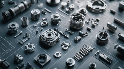 Poster - A collection of metal parts and tools arranged on a table