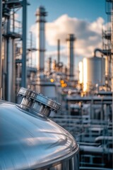 Poster - A large metal tank situated in front of a factory, suitable for industrial or manufacturing scenes