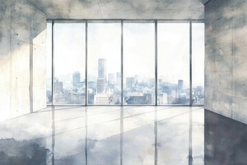 Poster - A cozy room with a comfortable chair and table, offering a beautiful view of the city