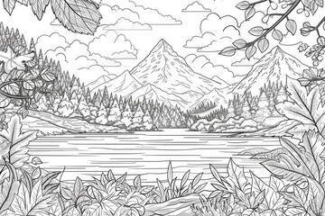 Wall Mural - Coloring book illustration of a picturesque autumn landscape featuring vibrant foliage a majestic mountain peak and a serene lake surrounded by nature