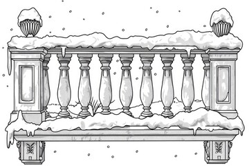 Wall Mural - Coloring book illustration of a snowy balcony railing in winter