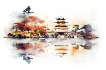 Poster - Double exposure photography kimino and japanese garden architecture building pagoda.