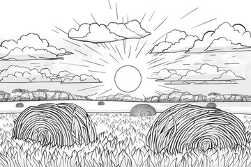 Wall Mural - Coloring book illustration of a sunset over a farm field with hay bales