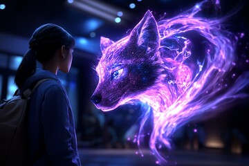 Poster - A futuristic zoo where holographic animals interact with visitors, blending advanced technology with the beauty of natureâ€™s fauna in a dynamic, digital environment