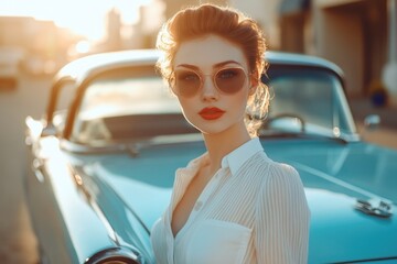 Poster - A woman wearing sunglasses stands near a blue car, suitable for use in travel or leisure-themed projects