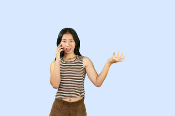 Excited Asian Student Girl gives expression hand fa gesture of sad, wow, happy, laughing in blue background