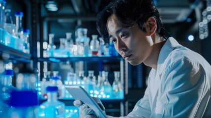 Poster - A man in a white lab coat is looking at a tablet while standing in a room full o