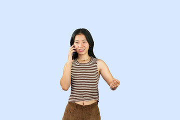 Excited Asian Student Girl gives expression hand fa gesture of sad, wow, happy, laughing in blue background