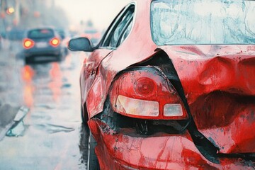 Poster - A red car parked on an urban street