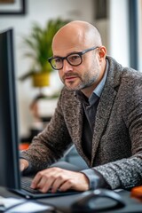 Aufkleber - A close-up shot of a bald man wearing glasses typing away on his computer