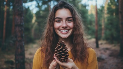 Poster - A woman holds a pinecone in a serene forest setting, with trees and foliage surrounding her