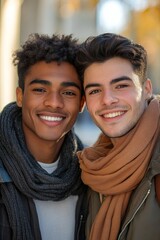 Ethnic gay couple smiling cheerfully, Generative AI