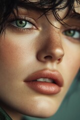 Poster - Close-up portrait of a woman with freckles in her hair, suitable for beauty or lifestyle content