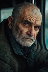 Poster - Man sitting on a bus looking out the window, possibly lost in thought
