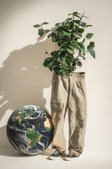 Poster - A person stands next to a plant in a decorative vase, conveying a sense of care and attention