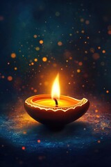 Poster - A single lit candle sits on a wooden table with a blurry background