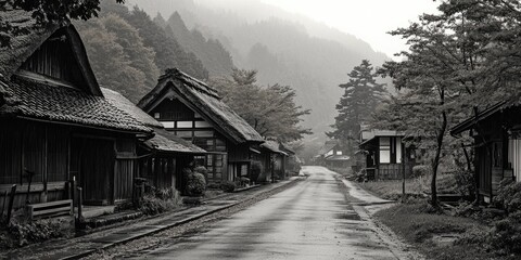 Poster - A black and white photo of a narrow city street with buildings on either side