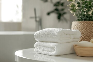 Poster - Stacked white towels on a table, ideal for bathroom or spa settings