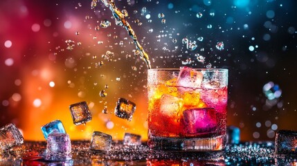Aufkleber - Colorful Drink Splash with Ice Cubes in Glass
