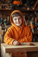 Poster - A young boy sitting at a table with a hammer, working on wood projects